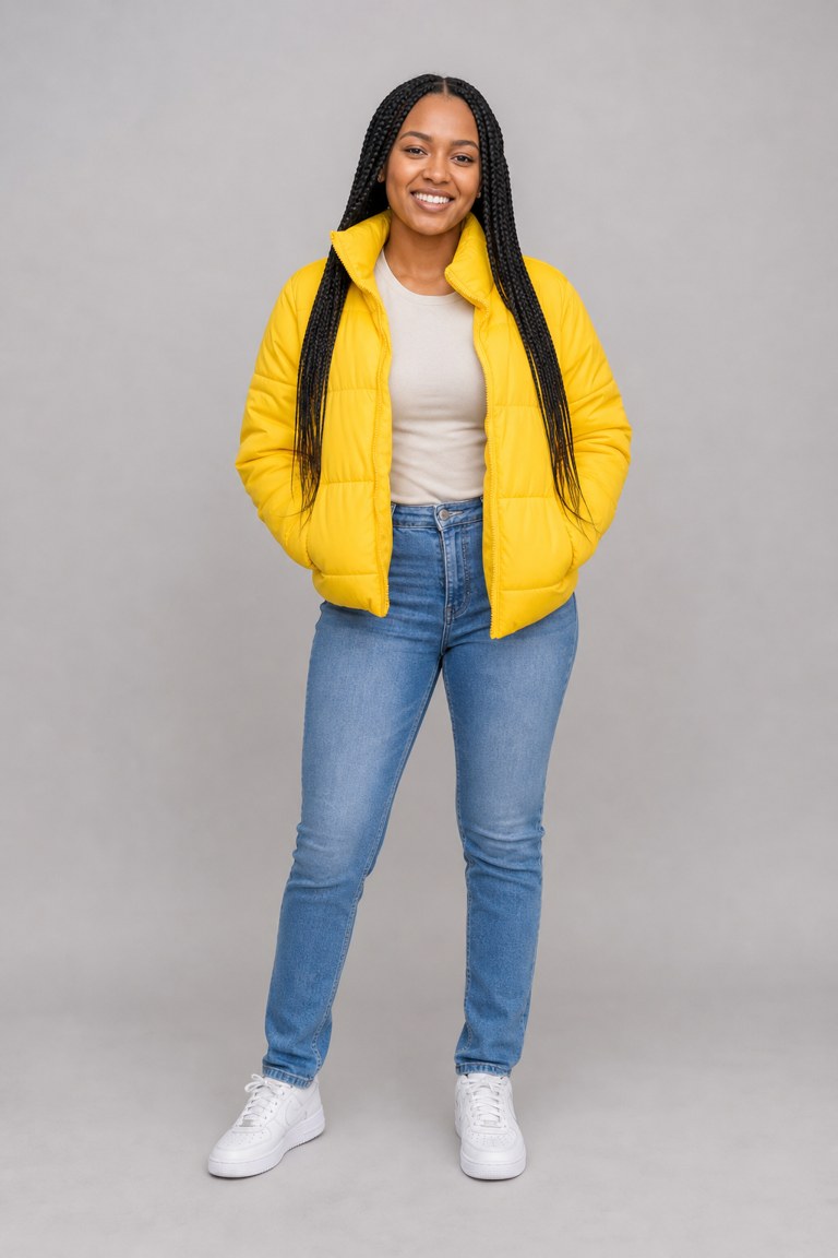 Input rider for Crazy Frog AI example 4: a smiling woman with long box braids in a yellow puffer jacket and jeans (AI-generated sample person)