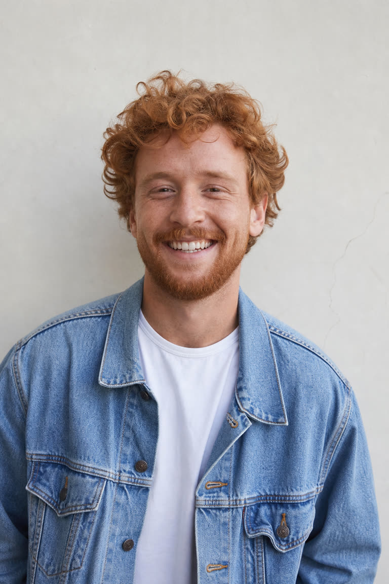 Input rider for Crazy Frog AI example 2: a red-haired man with a beard in a denim jacket (AI-generated sample person)