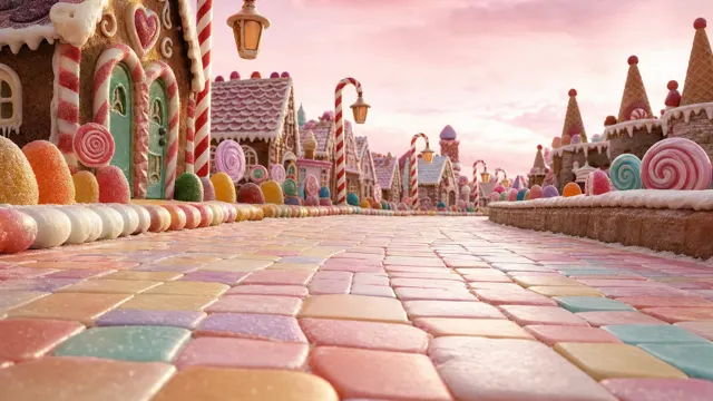 Crazy Frog AI background: Candy village, pastel candy tiles, gingerbread houses and candy-cane lamps