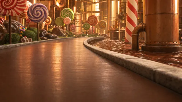 Crazy Frog AI background: Chocolate factory, a glossy chocolate road by a melted-chocolate river and lollipop trees