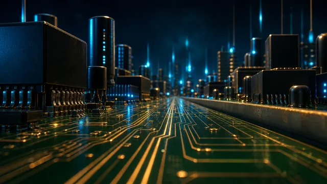 Crazy Frog AI background: Inside a circuit board, glowing copper traces with microchips towering like buildings
