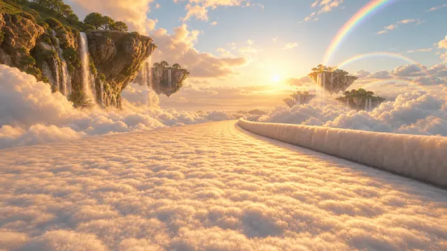 Crazy Frog AI background: Cloud kingdom, a road of clouds at sunrise, floating islands and rainbows