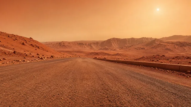Crazy Frog AI background: Mars highway, red dunes and craters under an orange sky
