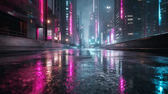 Crazy Frog AI background: Neon city night, wet streets, pink and cyan neon, rain mist