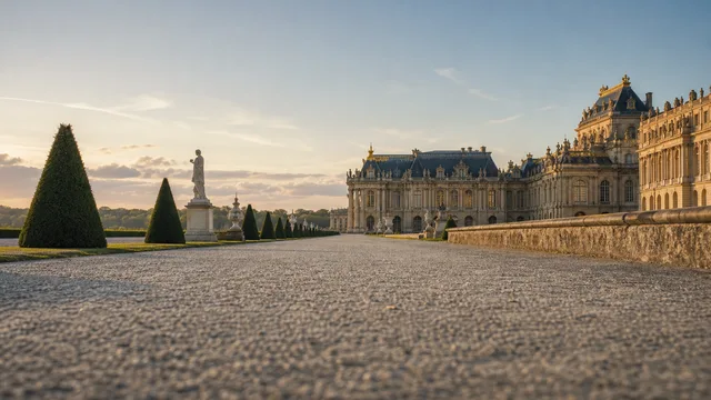 Crazy Frog AI background: Palace garden, a gravel path past trimmed hedges and a palace
