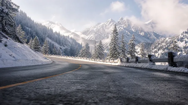 Crazy Frog AI background: Snowy mountain pass, snow banks, pines and frosted guard rails