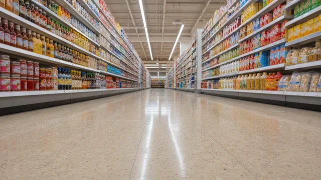 Crazy Frog AI background: Supermarket aisle, shiny floor, full shelves, fluorescent lights