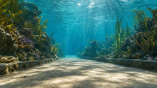 Crazy Frog AI background: Under the sea, a sandy seabed path between coral reefs and sun rays