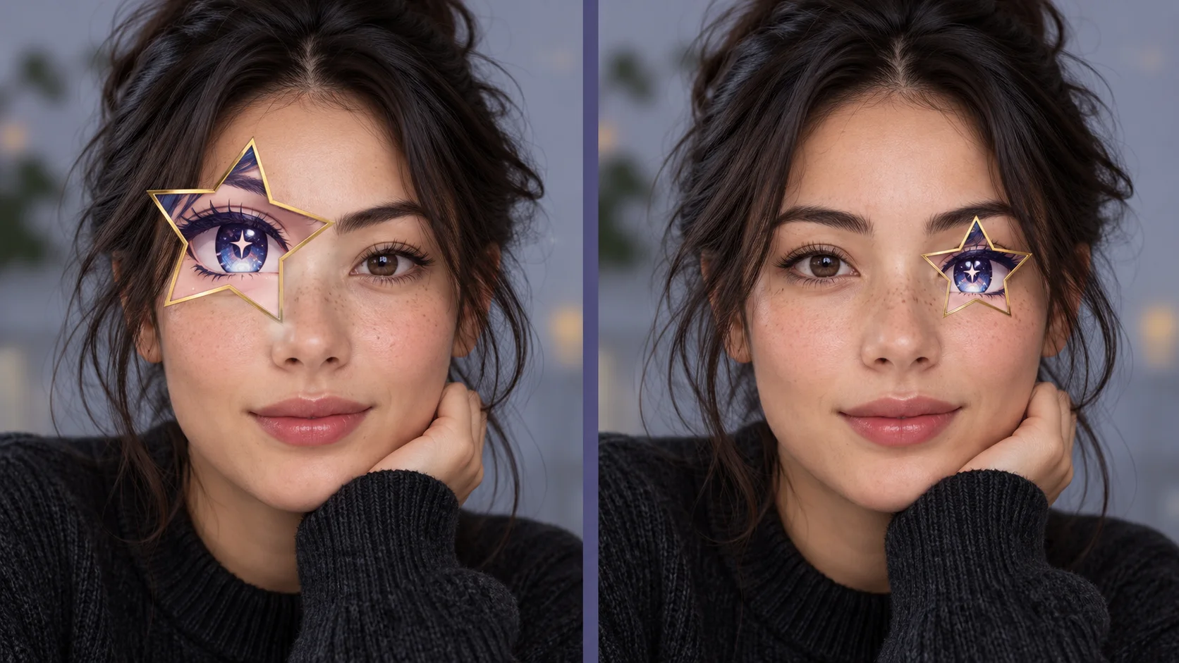 Illustrative comparison of a misplaced oversized star effect and a smaller star centered over one eye