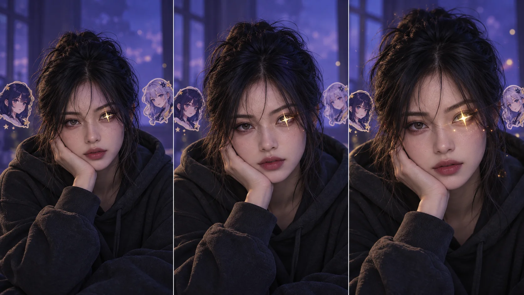 Three-frame editorial storyboard showing a gentle push-in on a stable star-eye portrait