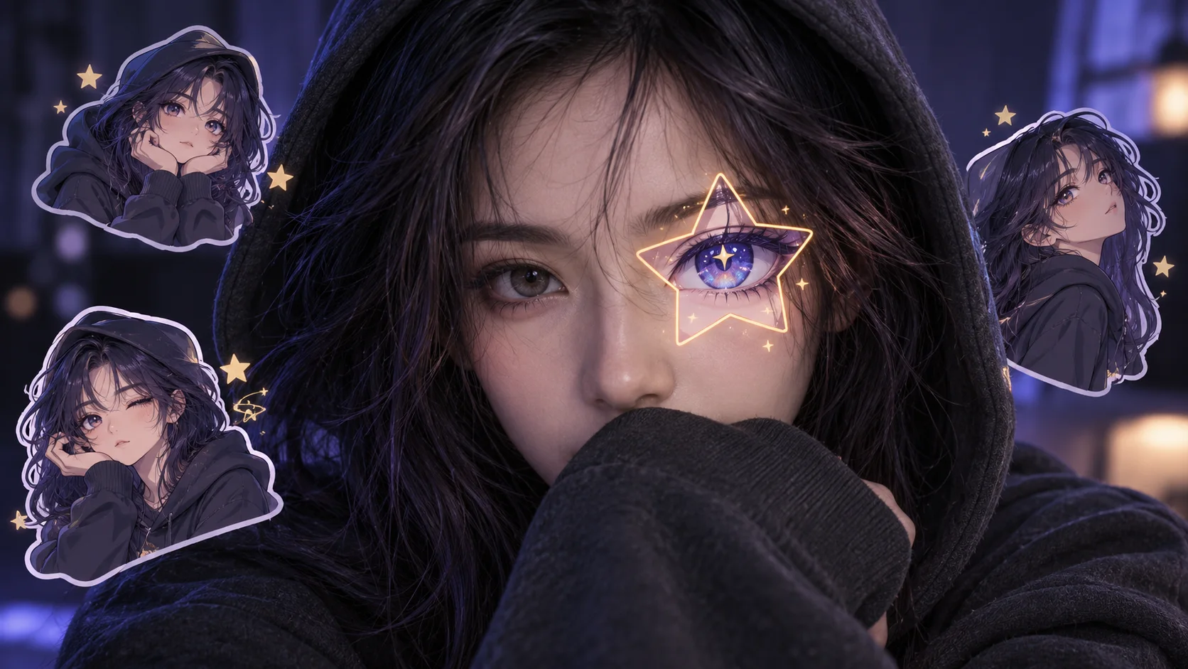 Original editorial illustration of the Anime Star Eye selfie effect with an aligned star-eye overlay and matching anime avatar stickers
