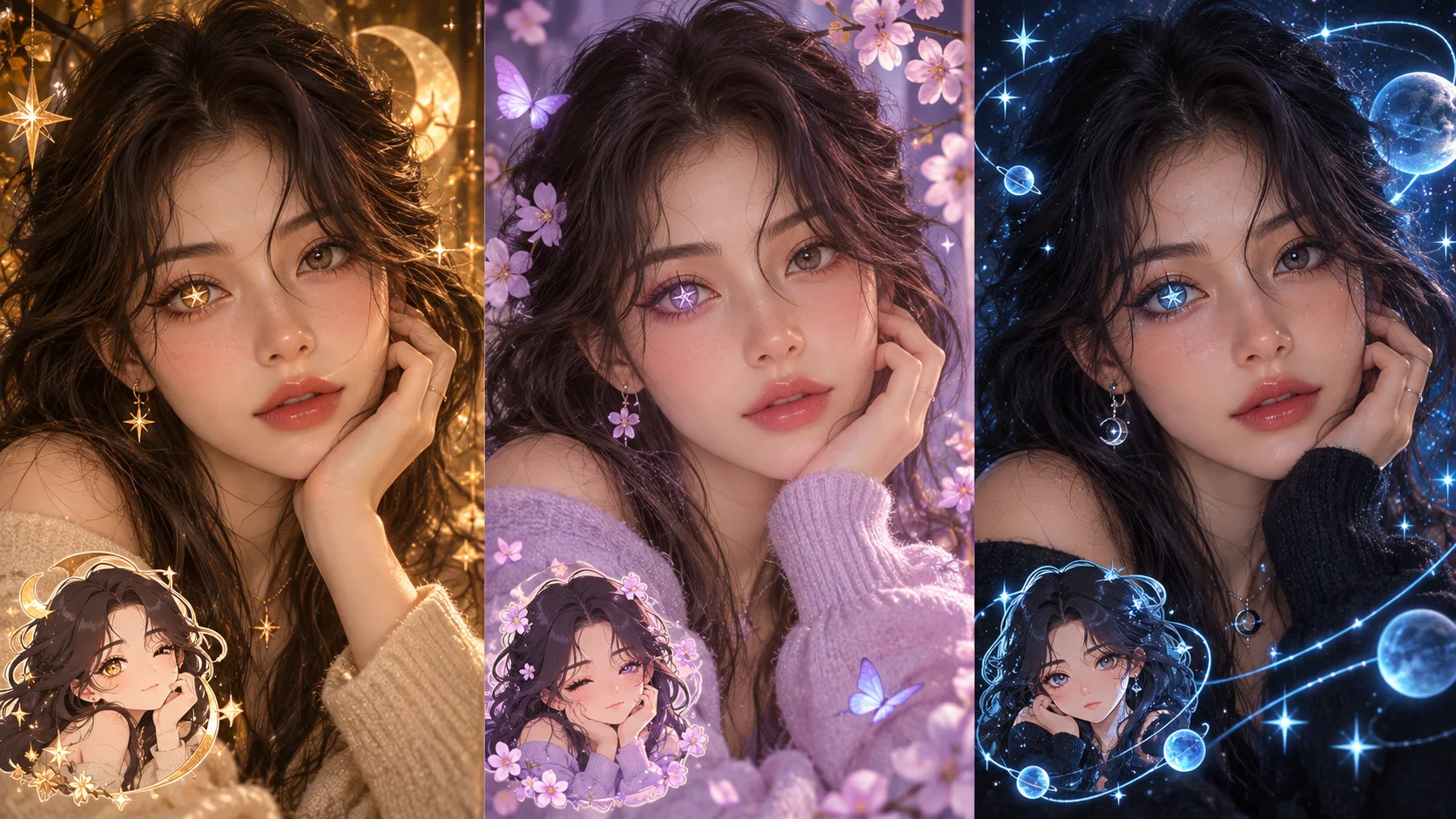 Three original editorial variations showing gold, lavender, and cyan palettes for the same Anime Star Eye portrait concept