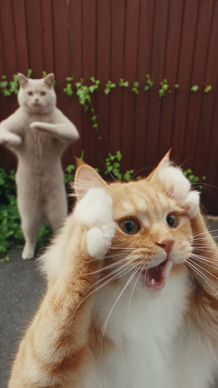 Smalltown Boy Cats trend poster from Jump on the Trend, showing one cat close to the camera and another at a red fence